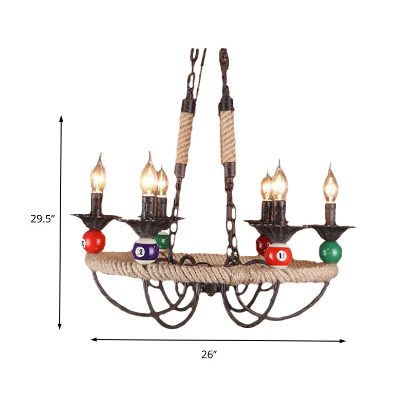 Roped Ring Bar Hanging Lamp Industrial Style Metal 3/6 Lights Rust Chandelier Lighting with Billiard Ball Decoration Clearhalo 'Cast Iron' 'Ceiling Lights' 'Chandeliers' 'Industrial Chandeliers' 'Industrial' 'Metal' 'Middle Century Chandeliers' 'Rustic Chandeliers' 'Tiffany' Lighting' 164034