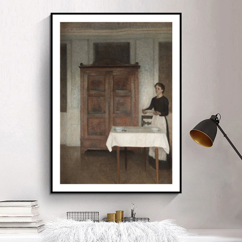 Nostalgic The Maid Painting Art Print Brown Textured Wall Decoration for Dining Room