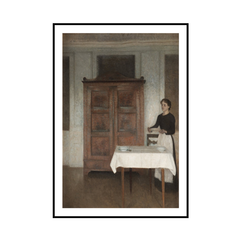 Nostalgic The Maid Painting Art Print Brown Textured Wall Decoration for Dining Room