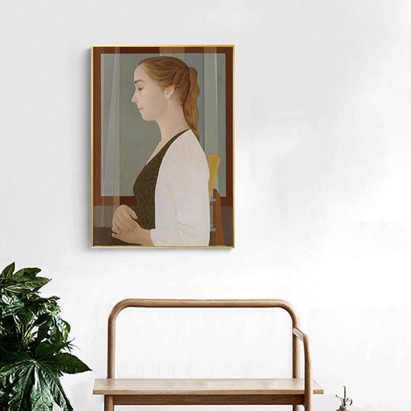 Woman Side Profile Portrait Painting Vintage Canvas Wall Art in Brown for Home