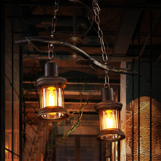 2 Lights Island Lamp Rustic Kerosene Clear Glass Hanging Lighting in Antique Brass for Coffee Shop Brass Clearhalo 'Ceiling Lights' 'Island Lights' Lighting' 164116