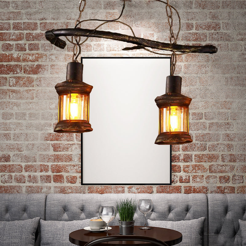 2 Lights Island Lamp Rustic Kerosene Clear Glass Hanging Lighting in Antique Brass for Coffee Shop Clearhalo 'Ceiling Lights' 'Island Lights' Lighting' 164117