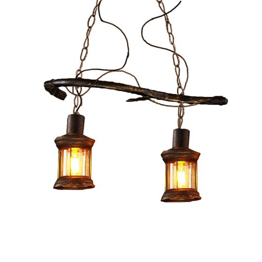 2 Lights Island Lamp Rustic Kerosene Clear Glass Hanging Lighting in Antique Brass for Coffee Shop Clearhalo 'Ceiling Lights' 'Island Lights' Lighting' 164118