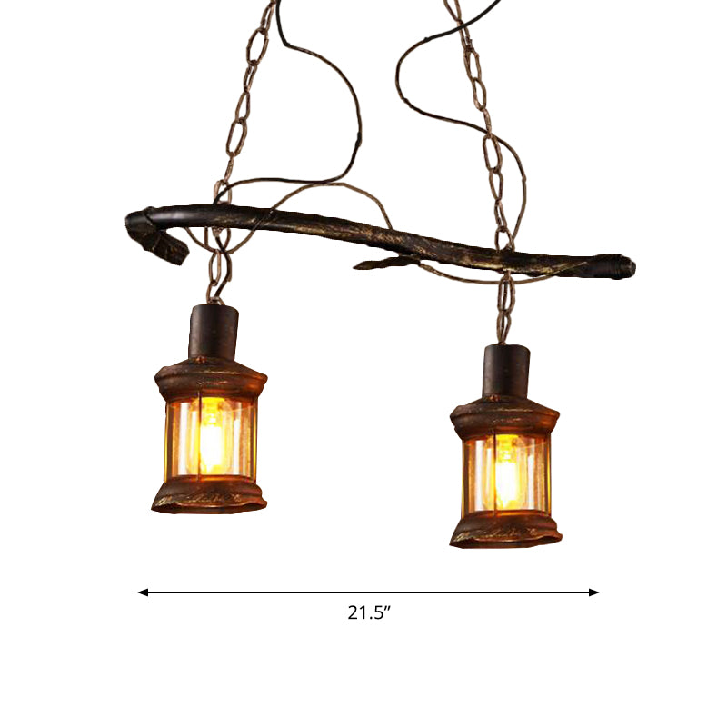 2 Lights Island Lamp Rustic Kerosene Clear Glass Hanging Lighting in Antique Brass for Coffee Shop Clearhalo 'Ceiling Lights' 'Island Lights' Lighting' 164119