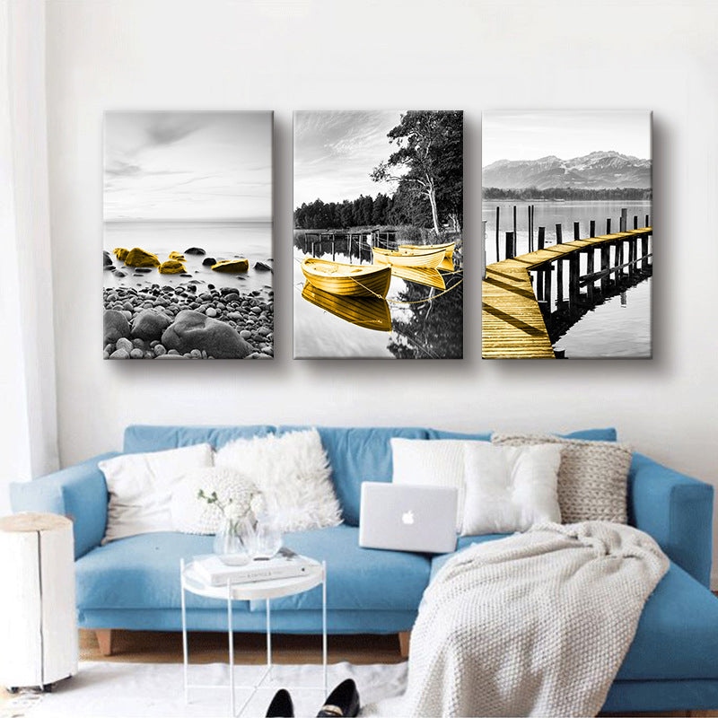 Shore Landscape Wall Art Decor in Gold Tropix Canvas Print for Living Room, Set of 3 Gold Clearhalo 'Art Gallery' 'Canvas Art' 'Coastal Art Gallery' 'Nautical' Arts' 1641355