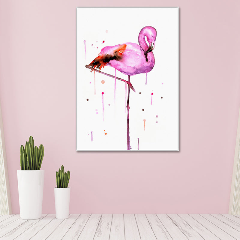 Flamingo Wandkunst Nordisch strukturierte Leinwand Druck in Pink auf Weiß für Wohnzimmer