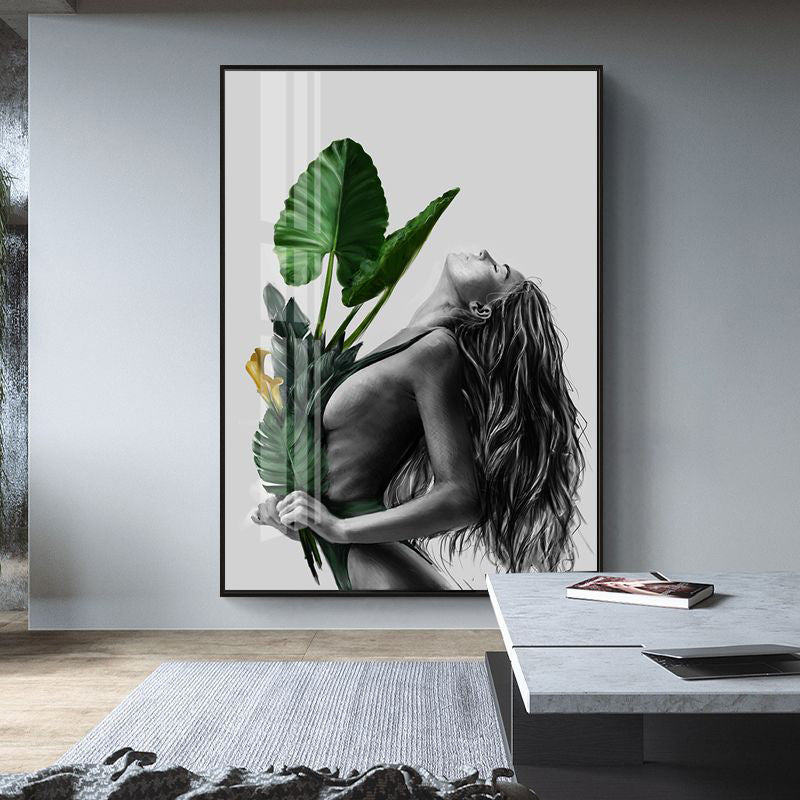 Girl's Portraiture and Leaf Art Textured Glam Style for Girls Bedroom Wall Decor