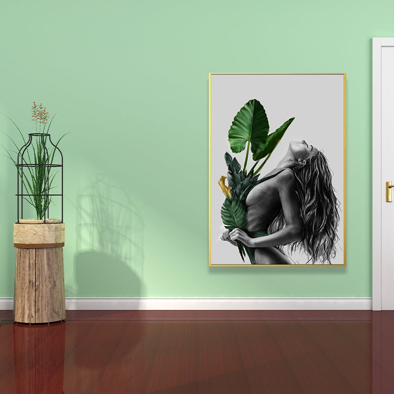 Girl's Portraiture and Leaf Art Textured Glam Style for Girls Bedroom Wall Decor