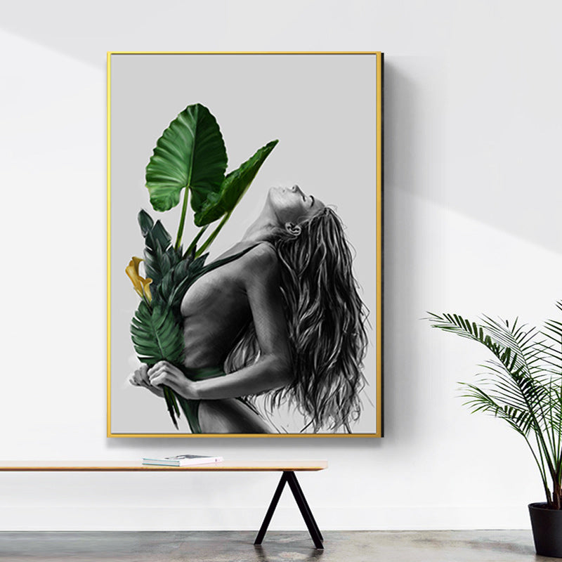 Girl's Portraiture and Leaf Art Textured Glam Style for Girls Bedroom Wall Decor