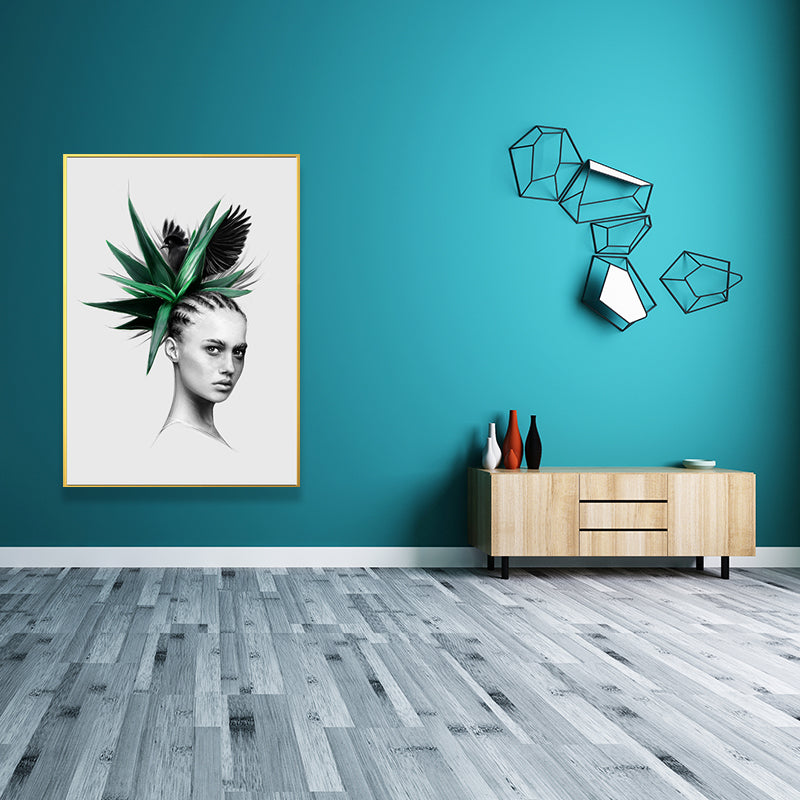 Girl's Portraiture and Leaf Art Textured Glam Style for Girls Bedroom Wall Decor