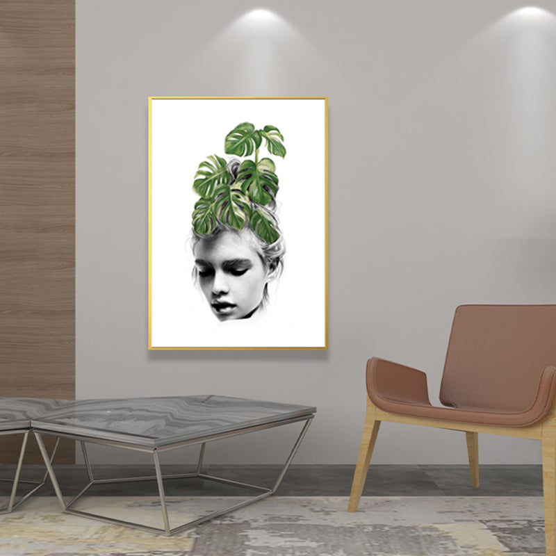 Girl's Portraiture and Leaf Art Textured Glam Style for Girls Bedroom Wall Decor