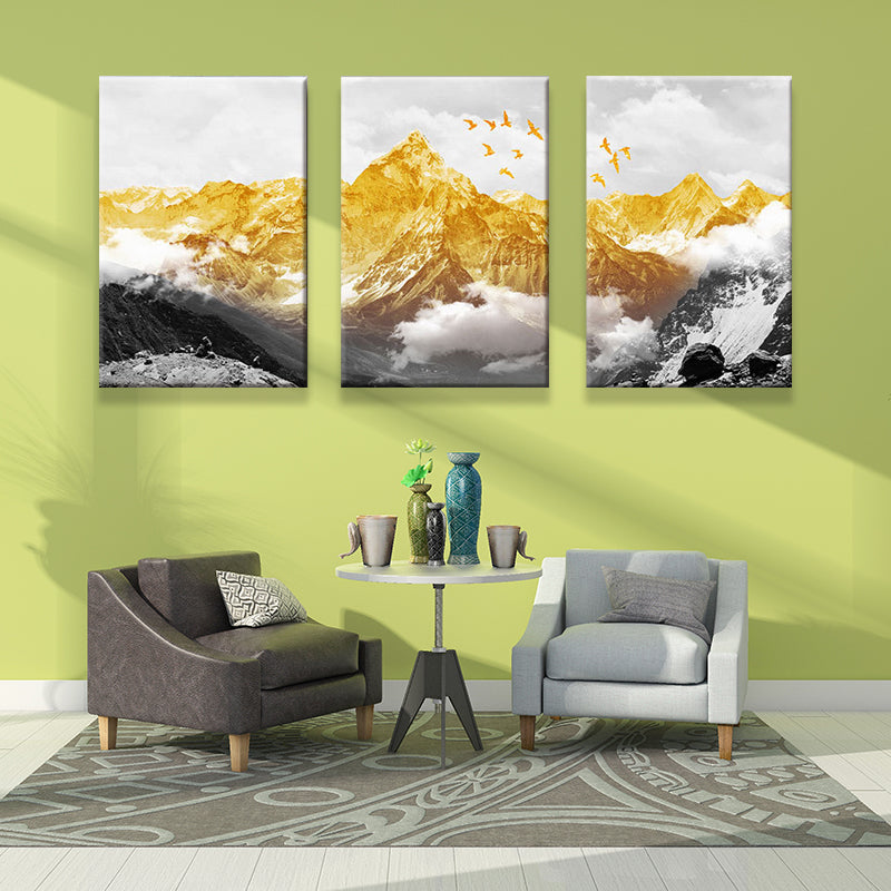 Gouden berglandschap canvas print multi-delige glamours zitkamer muurkunst