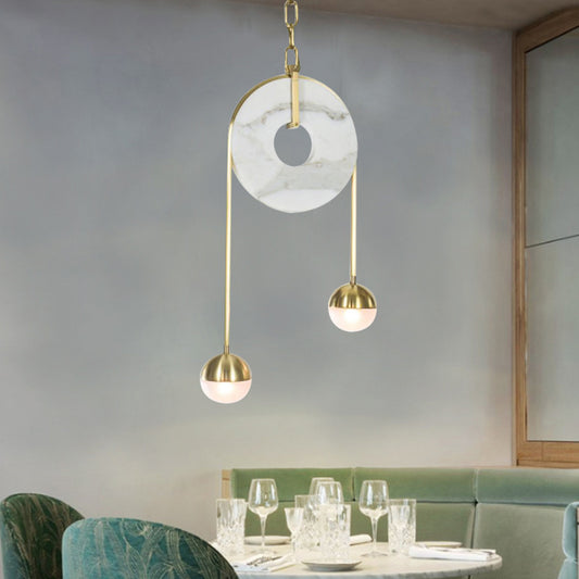 Gold Ball Pendant Lighting Post Modern 2 Lights White Glass Led Hanging Lamp with Pulley and Chain Gold Clearhalo 'Ceiling Lights' 'Glass shade' 'Glass' 'Modern Pendants' 'Modern' 'Pendant Lights' 'Pendants' Lighting' 164215