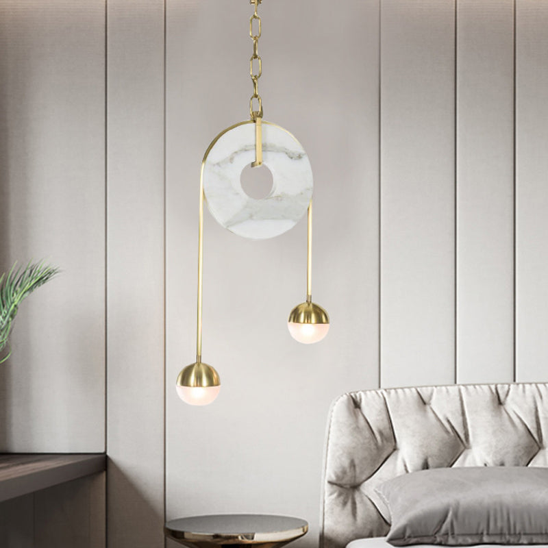 Gold Ball Pendant Lighting Post Modern 2 Lights White Glass Led Hanging Lamp with Pulley and Chain Clearhalo 'Ceiling Lights' 'Glass shade' 'Glass' 'Modern Pendants' 'Modern' 'Pendant Lights' 'Pendants' Lighting' 164216