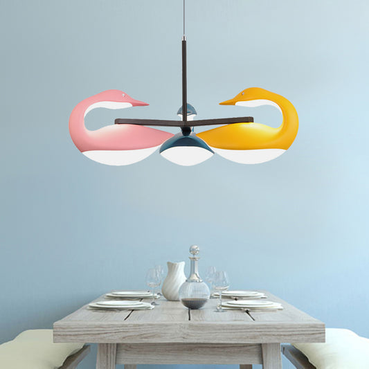 Three Light Swan LED Chandelier Nordic Style Acrylic Colorful Suspended Lamp for Kids Room, Third Gear Blue-Pink-Yellow Clearhalo 'Ceiling Lights' 'Modern Pendants' 'Modern' 'Pendant Lights' 'Pendants' Lighting' 164235