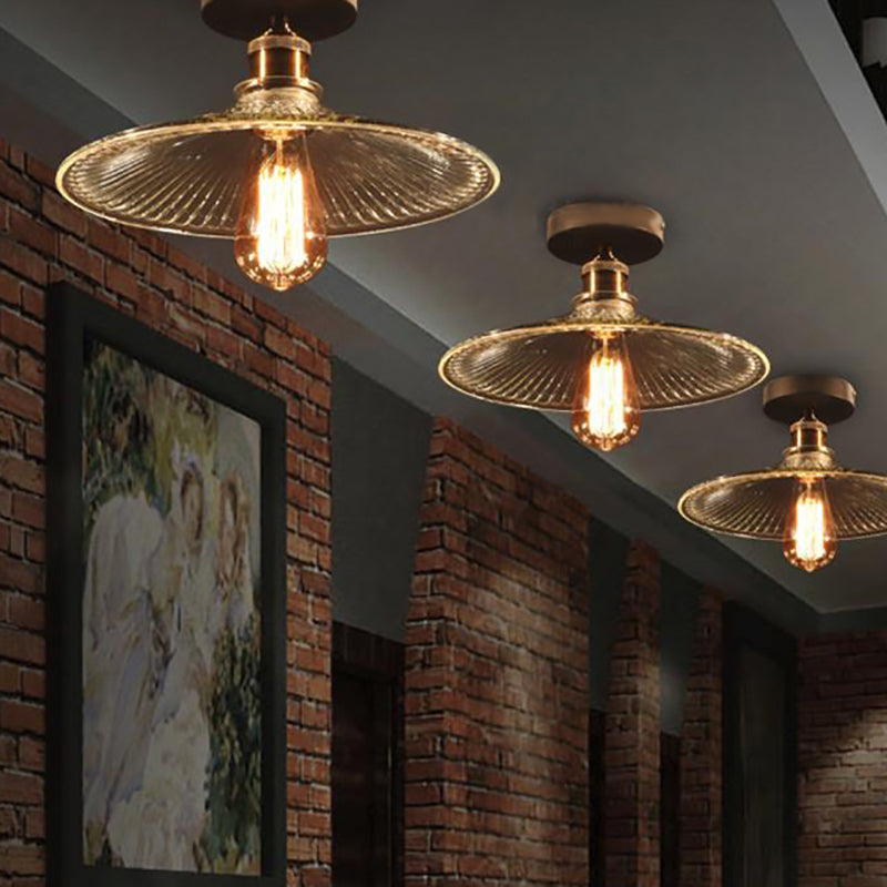 Brass One Light Ceiling Mount Industrial Mercury Glass Flared Semi Flush Light Clearhalo 'Ceiling Lights' 'Close To Ceiling Lights' 'Close to ceiling' 'Glass shade' 'Glass' 'Semi-flushmount' Lighting' 164338