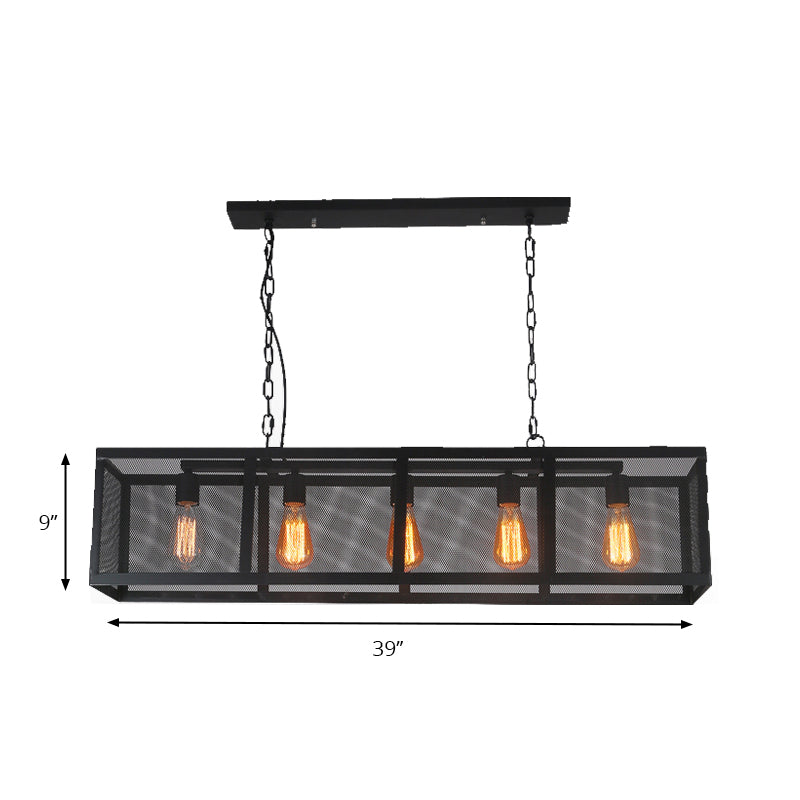 Rectangle Dining Room Island Pendant Light with Mesh Shade Industrial Iron 5 Heads Black Finish Hanging Lamp Clearhalo 'Ceiling Lights' 'Island Lights' Lighting' 164473