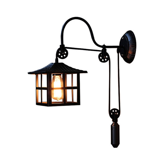 Square/Rectangle Cage Indoor Wall Lamp Farmhouse Style Metal 1 Light Black Wall Mounted Light with Pulley Clearhalo 'Art deco wall lights' 'Cast Iron' 'Glass' 'Industrial wall lights' 'Industrial' 'Middle century wall lights' 'Modern' 'Rustic wall lights' 'Tiffany' 'Traditional wall lights' 'Wall Lamps & Sconces' 'Wall Lights' Lighting' 164507