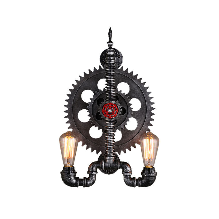 2 Lights Open Bulb Wall Lamp with Gear Design Farmhouse Black Finish Metallic Wall Mounted Lighting over Table Clearhalo 'Art deco wall lights' 'Cast Iron' 'Glass' 'Industrial wall lights' 'Industrial' 'Middle century wall lights' 'Modern' 'Rustic wall lights' 'Tiffany' 'Traditional wall lights' 'Wall Lamps & Sconces' 'Wall Lights' Lighting' 164579