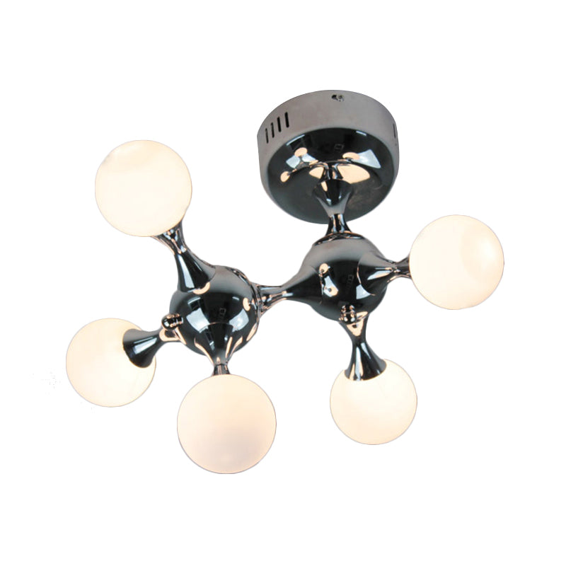 Chrome Finish Molecular Semi Flush Lighting Modern Style 5 Bulbs Metal Ceiling Lamp with Opal Glass Ball Shade Clearhalo 'Ceiling Lights' 'Close To Ceiling Lights' 'Close to ceiling' 'Semi-flushmount' Lighting' 164618