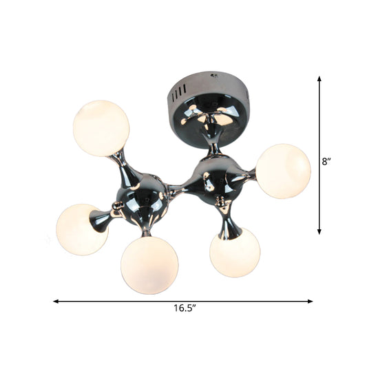 Chrome Finish Molecular Semi Flush Lighting Modern Style 5 Bulbs Metal Ceiling Lamp with Opal Glass Ball Shade Clearhalo 'Ceiling Lights' 'Close To Ceiling Lights' 'Close to ceiling' 'Semi-flushmount' Lighting' 164619