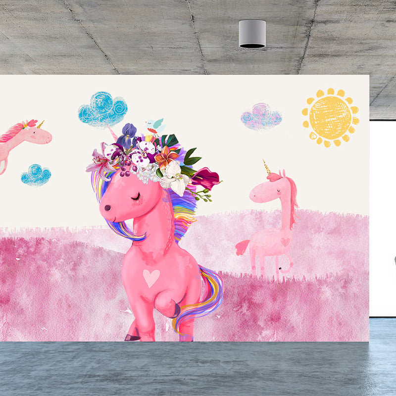 Standing Unicorn Mural Children's Art Non-Woven Cloth Wall Covering in Pastel Color Clearhalo 'Wall Decor' 'Wall Mural' 1646276