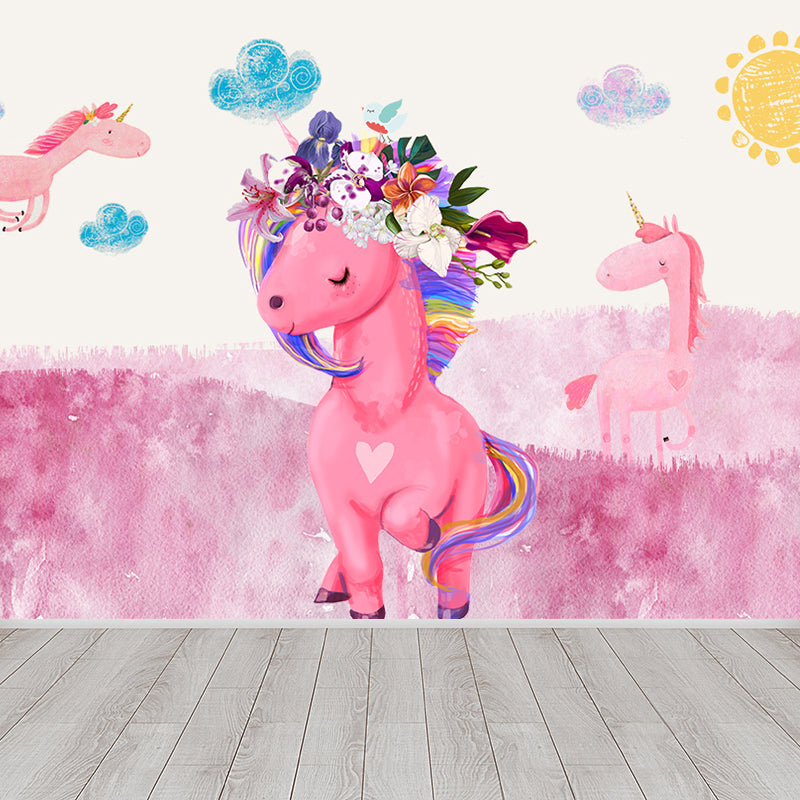 Standing Unicorn Mural Children's Art Non-Woven Cloth Wall Covering in Pastel Color Clearhalo 'Wall Decor' 'Wall Mural' 1646277