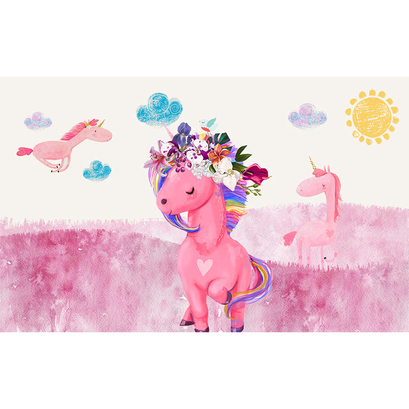 Standing Unicorn Mural Children's Art Non-Woven Cloth Wall Covering in Pastel Color Clearhalo 'Wall Decor' 'Wall Mural' 1646278