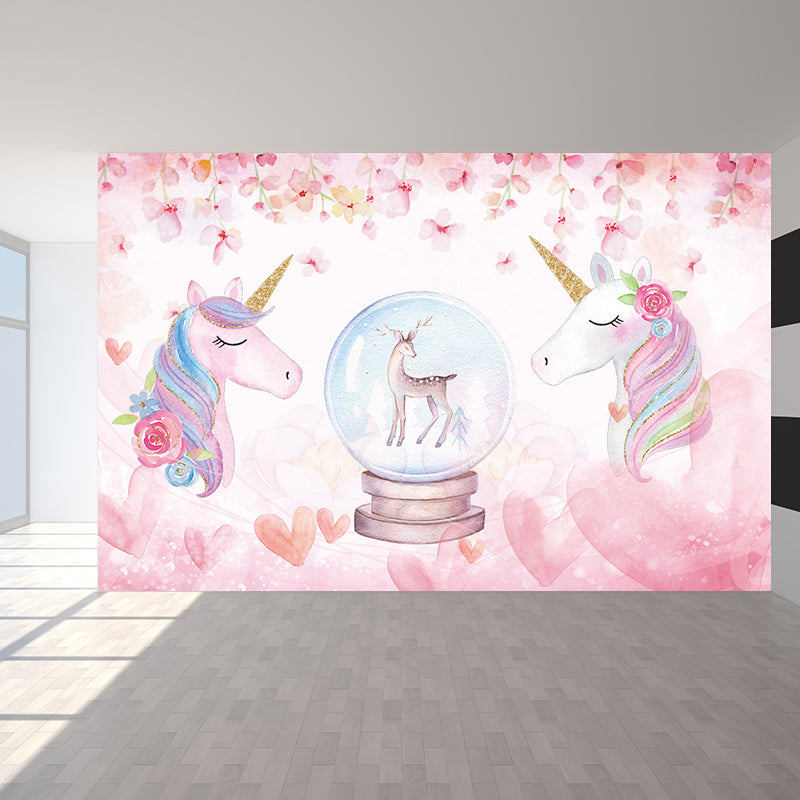 Standing Unicorn Mural Children's Art Non-Woven Cloth Wall Covering in Pastel Color Pink Clearhalo 'Wall Decor' 'Wall Mural' 1646280