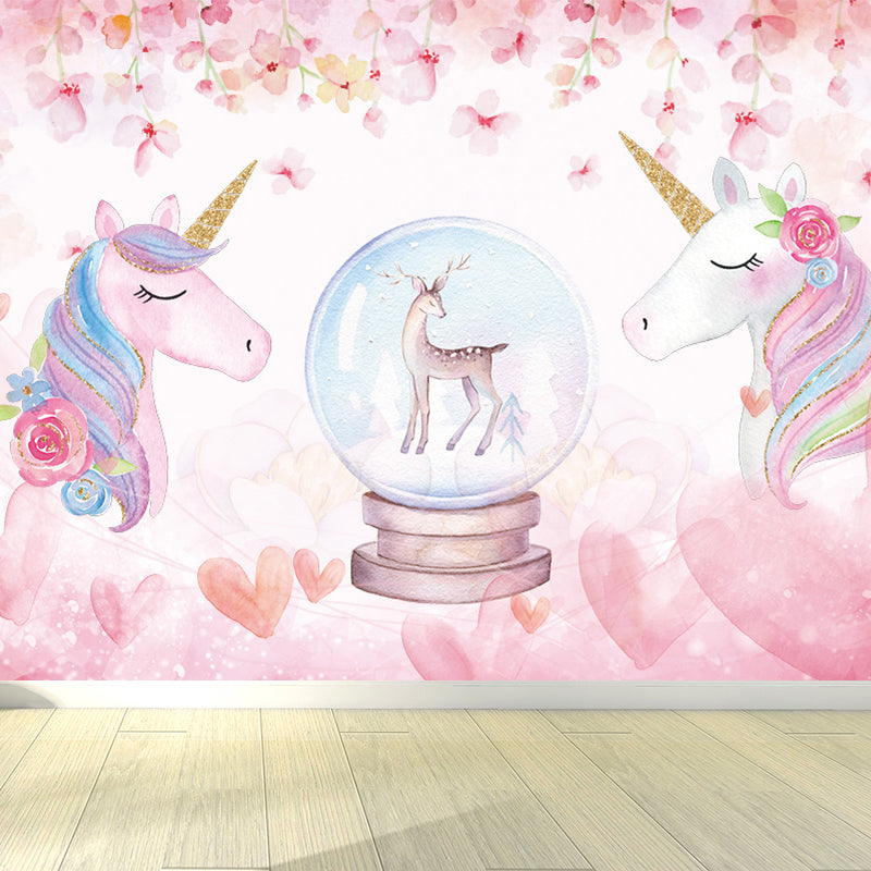 Standing Unicorn Mural Children's Art Non-Woven Cloth Wall Covering in Pastel Color Clearhalo 'Wall Decor' 'Wall Mural' 1646281