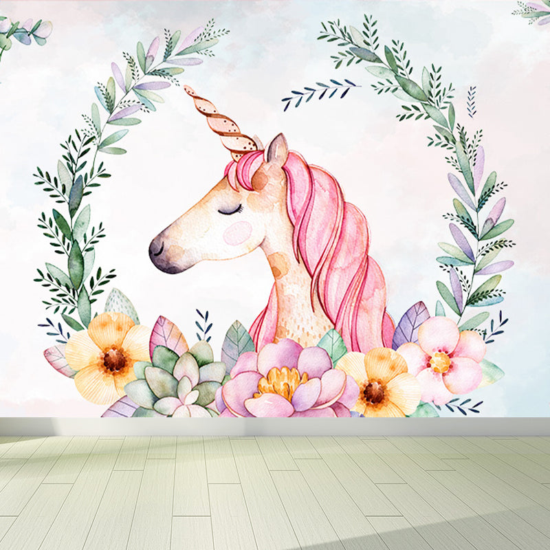 Standing Unicorn Mural Children's Art Non-Woven Cloth Wall Covering in Pastel Color Light Blue Clearhalo 'Wall Decor' 'Wall Mural' 1646285