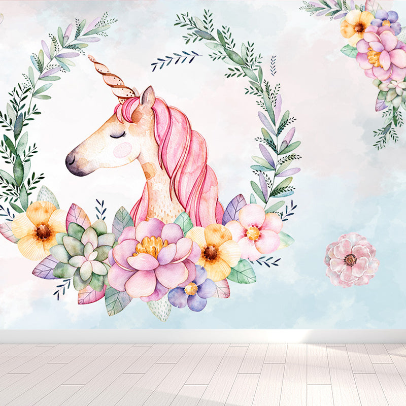 Standing Unicorn Mural Children's Art Non-Woven Cloth Wall Covering in Pastel Color Clearhalo 'Wall Decor' 'Wall Mural' 1646286