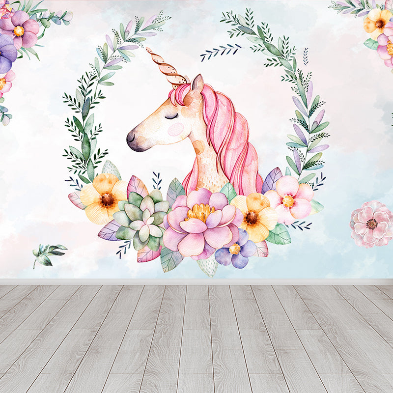 Standing Unicorn Mural Children's Art Non-Woven Cloth Wall Covering in Pastel Color Clearhalo 'Wall Decor' 'Wall Mural' 1646287