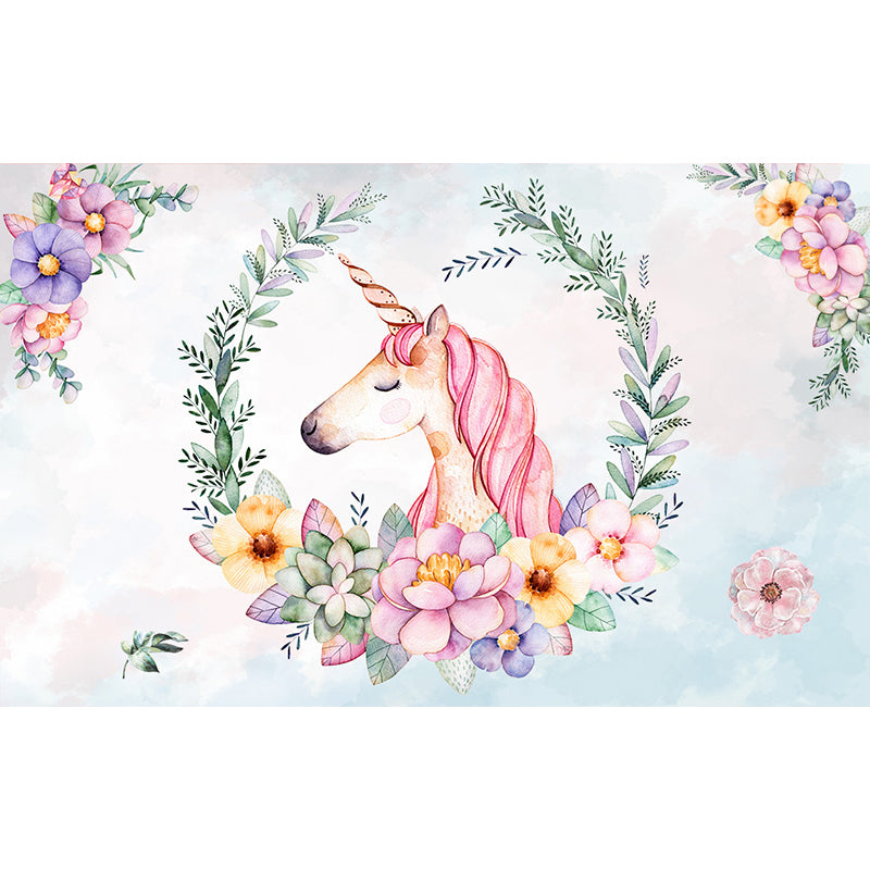 Standing Unicorn Mural Children's Art Non-Woven Cloth Wall Covering in Pastel Color Clearhalo 'Wall Decor' 'Wall Mural' 1646288