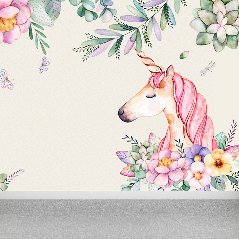 Standing Unicorn Mural Children's Art Non-Woven Cloth Wall Covering in Pastel Color Beige Clearhalo 'Wall Decor' 'Wall Mural' 1646290