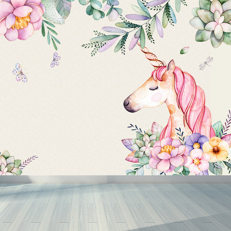 Standing Unicorn Mural Children's Art Non-Woven Cloth Wall Covering in Pastel Color Clearhalo 'Wall Decor' 'Wall Mural' 1646292