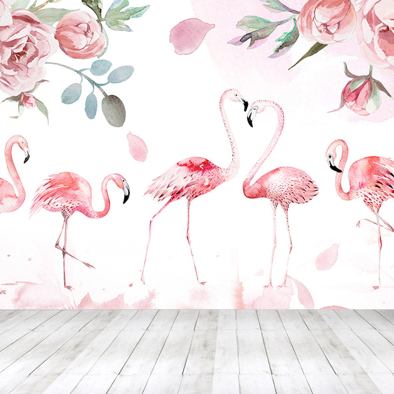 Modern Wild Flamingos Mural Decal Pink Waterproofing Wall Covering for Guest Room Pink Design 2 Clearhalo 'Wall Decor' 'Wall Mural' 1646360