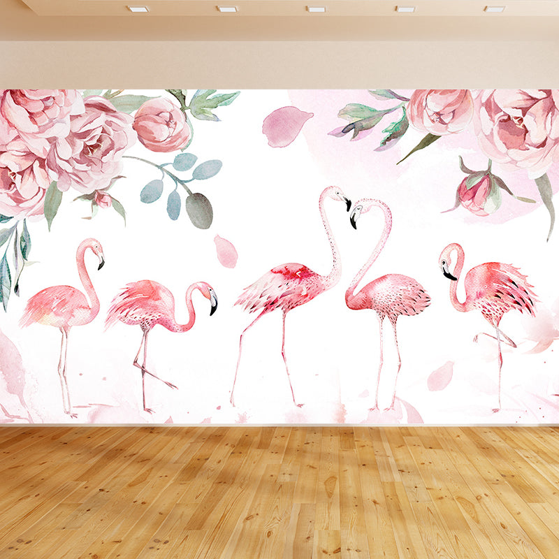 Modern Wild Flamingos Mural Decal Pink Waterproofing Wall Covering for Guest Room Clearhalo 'Wall Decor' 'Wall Mural' 1646361