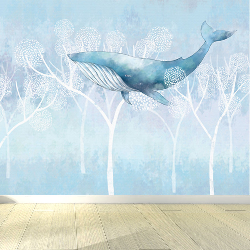 Whale and Boat Wall Mural Children's Art Decorative Kids Bedroom Wall Covering, Custom Clearhalo 'Wall Decor' 'Wall Mural' 1646551