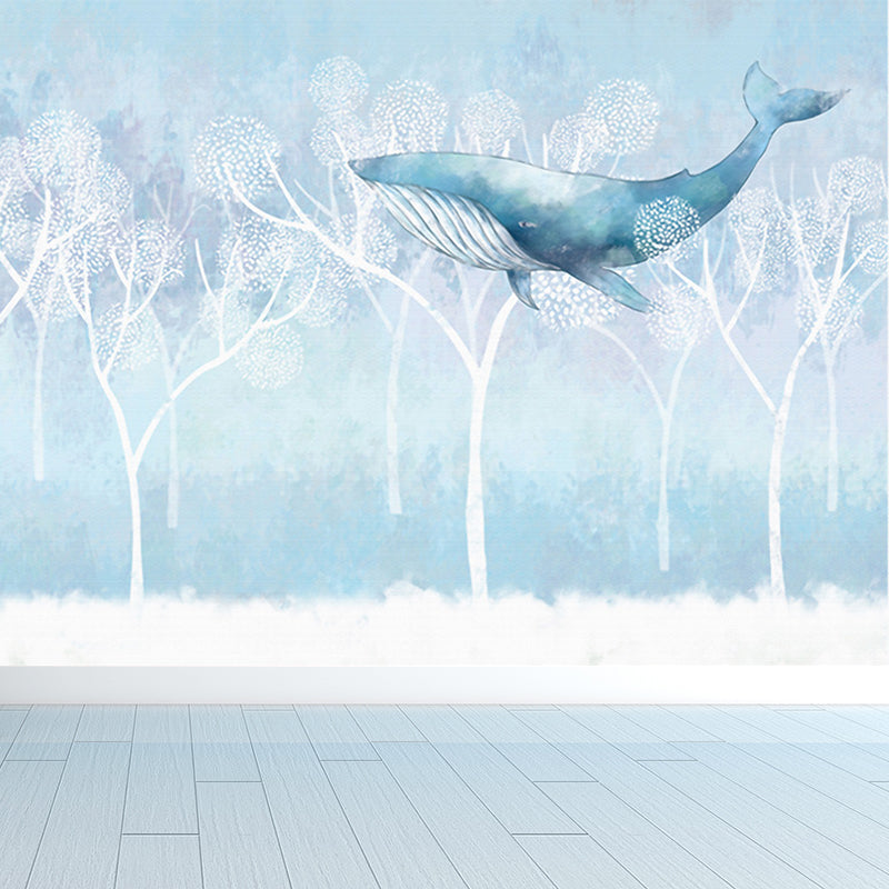 Whale and Boat Wall Mural Children's Art Decorative Kids Bedroom Wall Covering, Custom Clearhalo 'Wall Decor' 'Wall Mural' 1646552