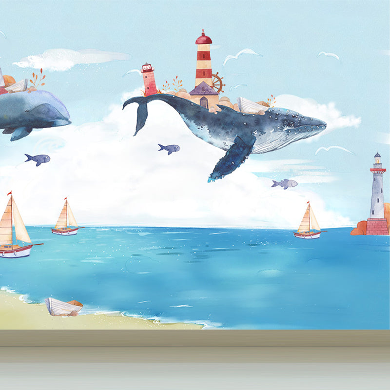 Whale and Boat Wall Mural Children's Art Decorative Kids Bedroom Wall Covering, Custom Ocean Blue Clearhalo 'Wall Decor' 'Wall Mural' 1646565