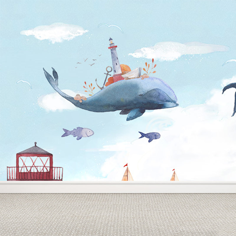 Whale and Boat Wall Mural Children's Art Decorative Kids Bedroom Wall Covering, Custom Clearhalo 'Wall Decor' 'Wall Mural' 1646566