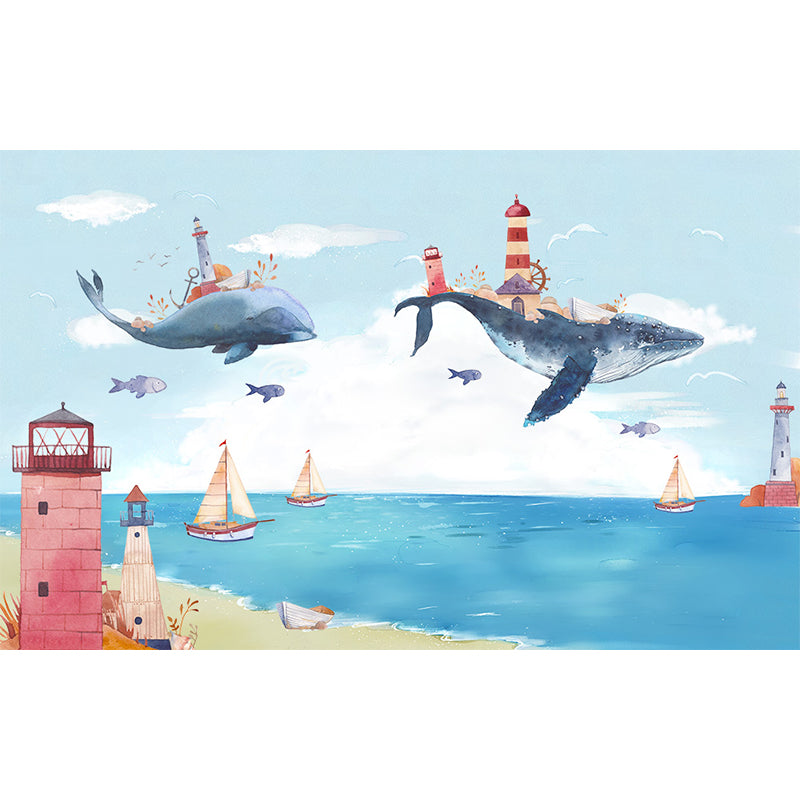 Whale and Boat Wall Mural Children's Art Decorative Kids Bedroom Wall Covering, Custom Clearhalo 'Wall Decor' 'Wall Mural' 1646568