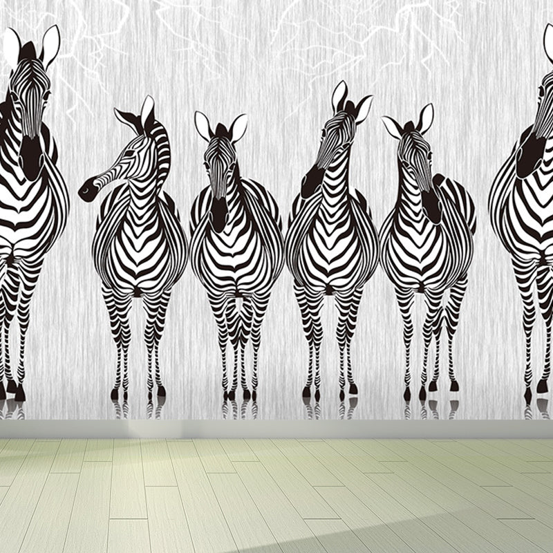 Tame Zebra Mural Decal Contemporary Non-Woven Texture Wall Covering in Soft Color Black-White Clearhalo 'Wall Decor' 'Wall Mural' 1646989