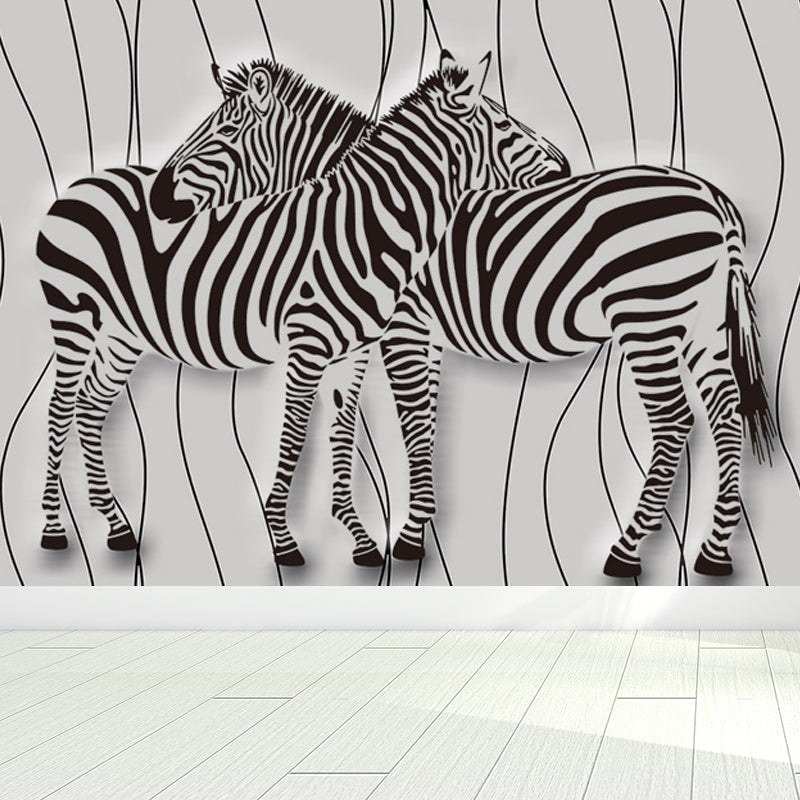 Tame Zebra Mural Decal Contemporary Non-Woven Texture Wall Covering in Soft Color Grey Clearhalo 'Wall Decor' 'Wall Mural' 1646994