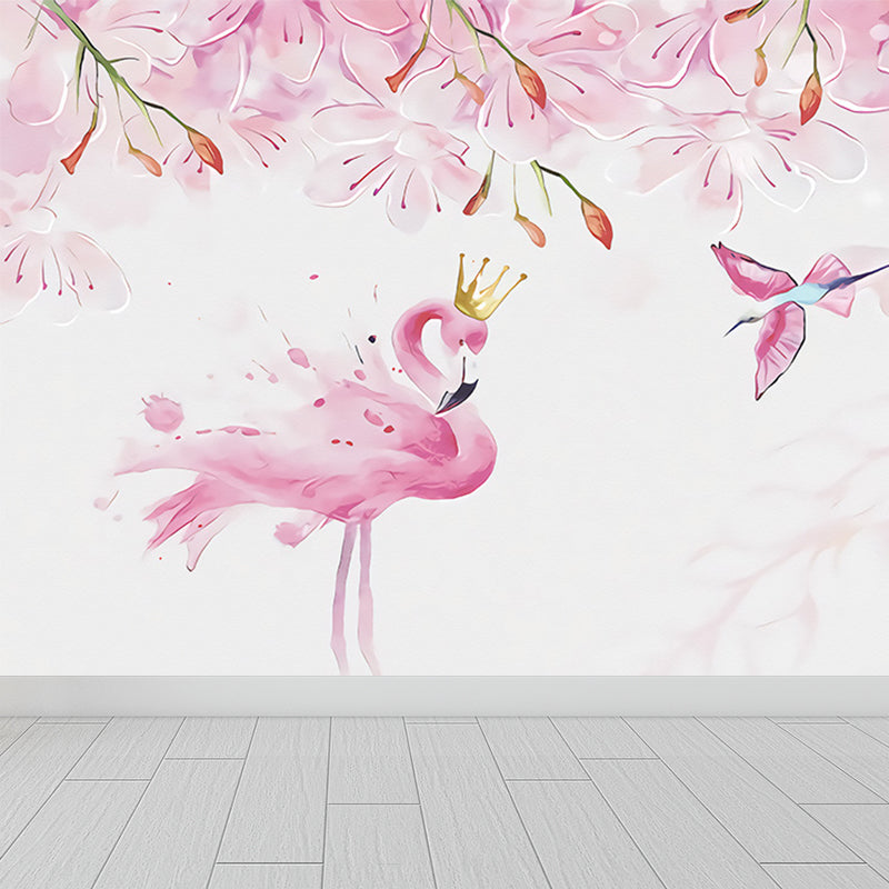 Standing Field Flamingos Mural Wallpaper Modern Non-Woven Material Wall Covering Light Pink Clearhalo 'Wall Decor' 'Wall Mural' 1647334