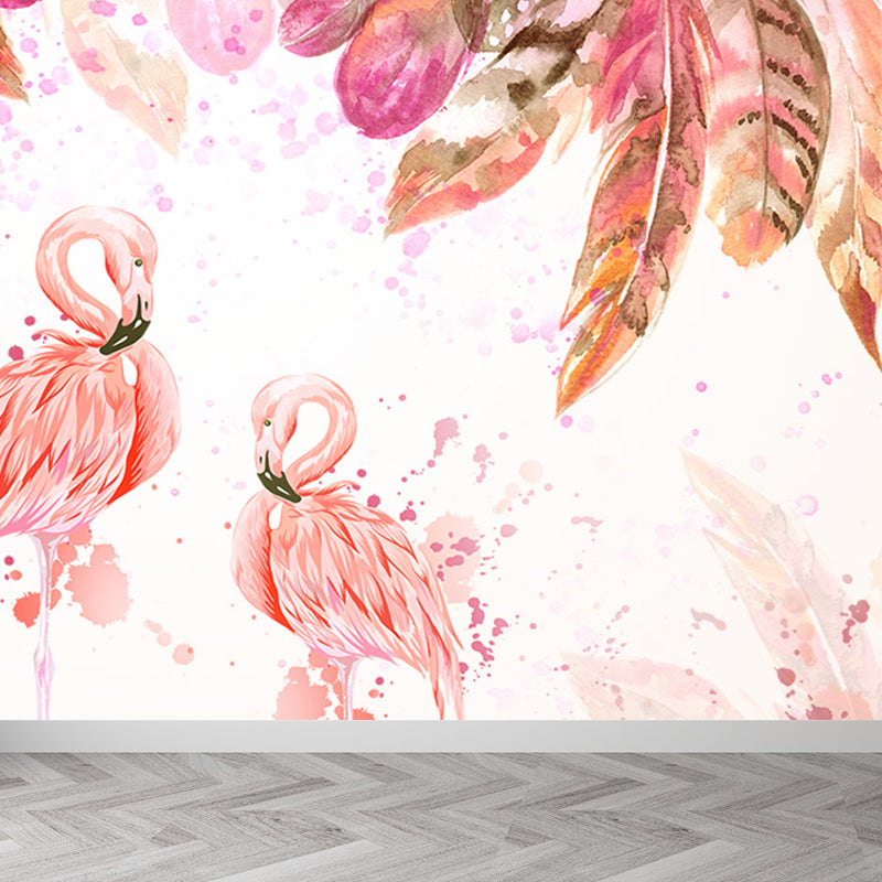 Standing Field Flamingos Mural Wallpaper Modern Non-Woven Material Wall Covering Orange Clearhalo 'Wall Decor' 'Wall Mural' 1647339