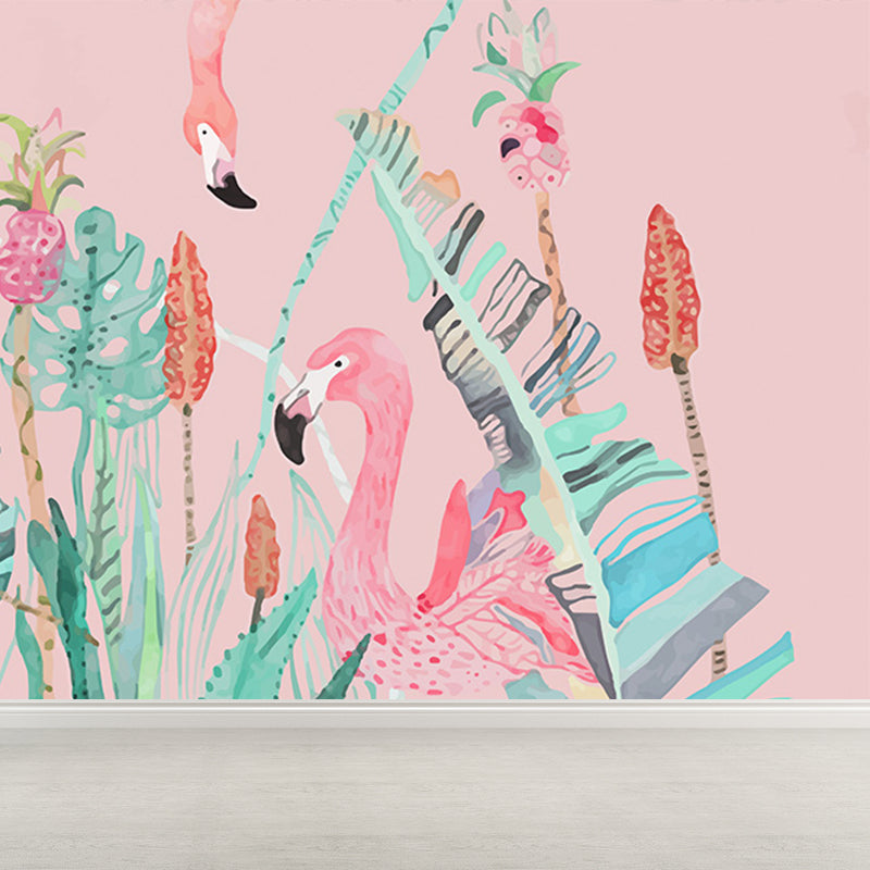 Standing Field Flamingos Mural Wallpaper Modern Non-Woven Material Wall Covering Pink Clearhalo 'Wall Decor' 'Wall Mural' 1647344