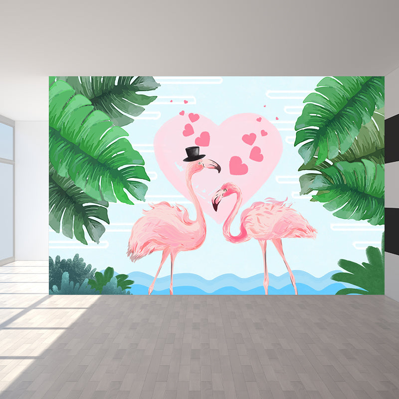 Standing Field Flamingos Mural Wallpaper Modern Non-Woven Material Wall Covering Green Clearhalo 'Wall Decor' 'Wall Mural' 1647349