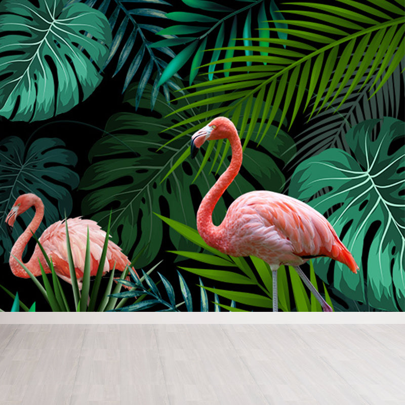 Stand-Up Flamingo Mural Decal Light Color Contemporary Wall Covering for Dining Room Blackish Green Clearhalo 'Wall Decor' 'Wall Mural' 1647359